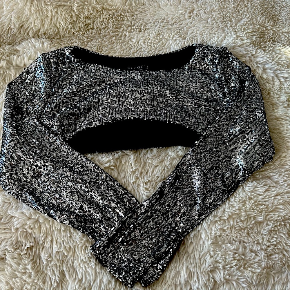 Eloquii Metallic Sequin Long Sleeve Crop Top